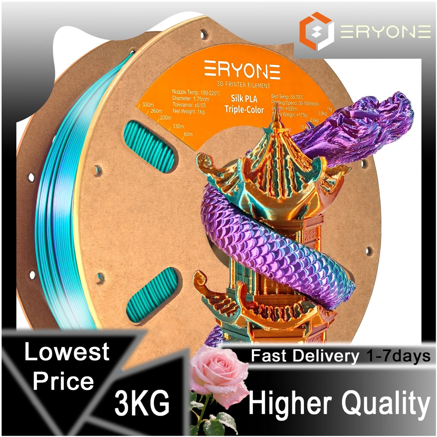 ERYONE 1/3/5KG Triple Color Silk PLA Premium Filament 3D Print Big Sale,Multicolor Available,1kg silk pla triple color filament