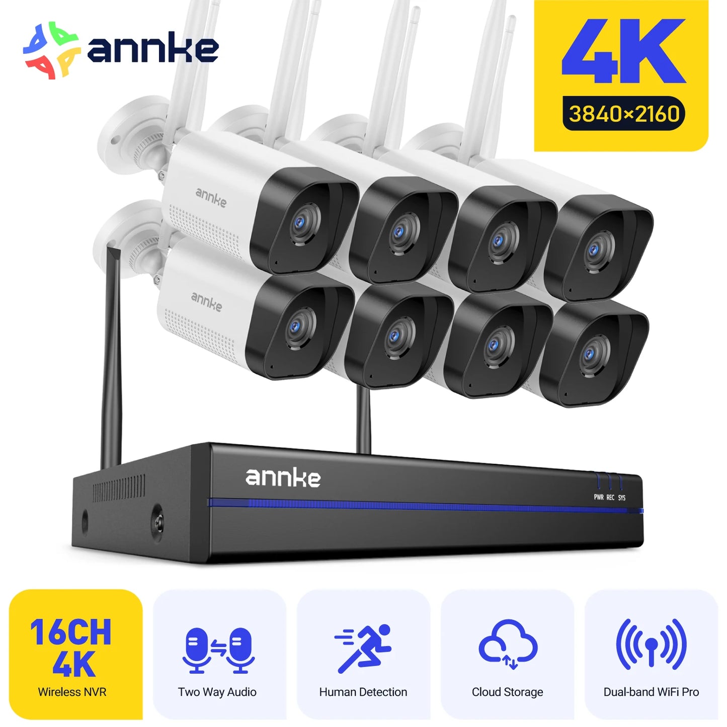 ANNKE 8MP WiFi Security Surveillance Camera System Kit Motion Tracking Color Night Vision 16CH 4K NVR Wireless CCTV Cameras Set