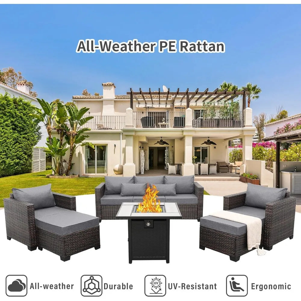 A 6-piece Outdoor Patio Furniture Set, Including An Outdoor Modular Rattan Sofa, An Adjustable Fireplace, and A Table