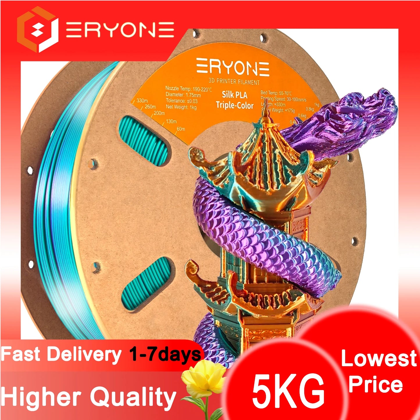 ERYONE 1/3/5KG Triple Color Silk PLA Premium Filament 3D Print Big Sale,Multicolor Available,1kg silk pla triple color filament
