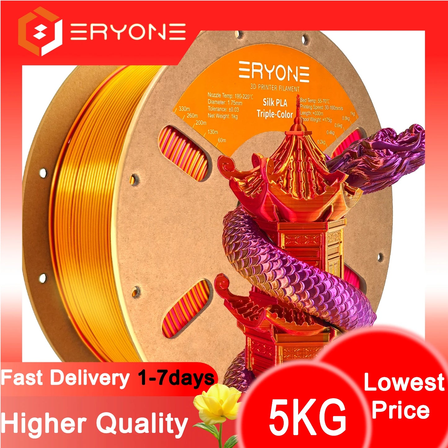 ERYONE 1/3/5KG Triple Color Silk PLA Premium Filament 3D Print Big Sale,Multicolor Available,1kg silk pla triple color filament
