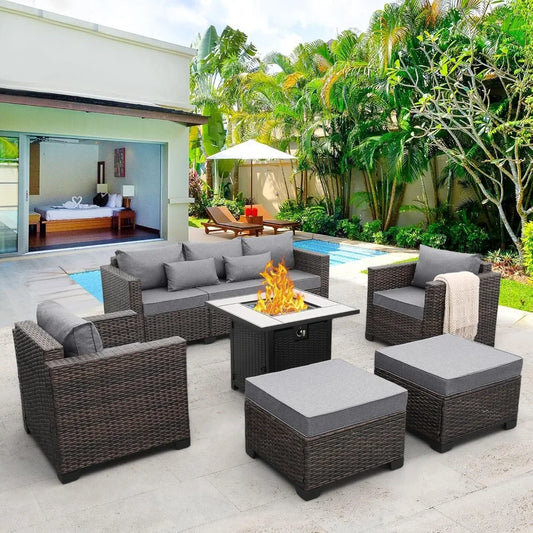 A 6-piece Outdoor Patio Furniture Set, Including An Outdoor Modular Rattan Sofa, An Adjustable Fireplace, and A Table