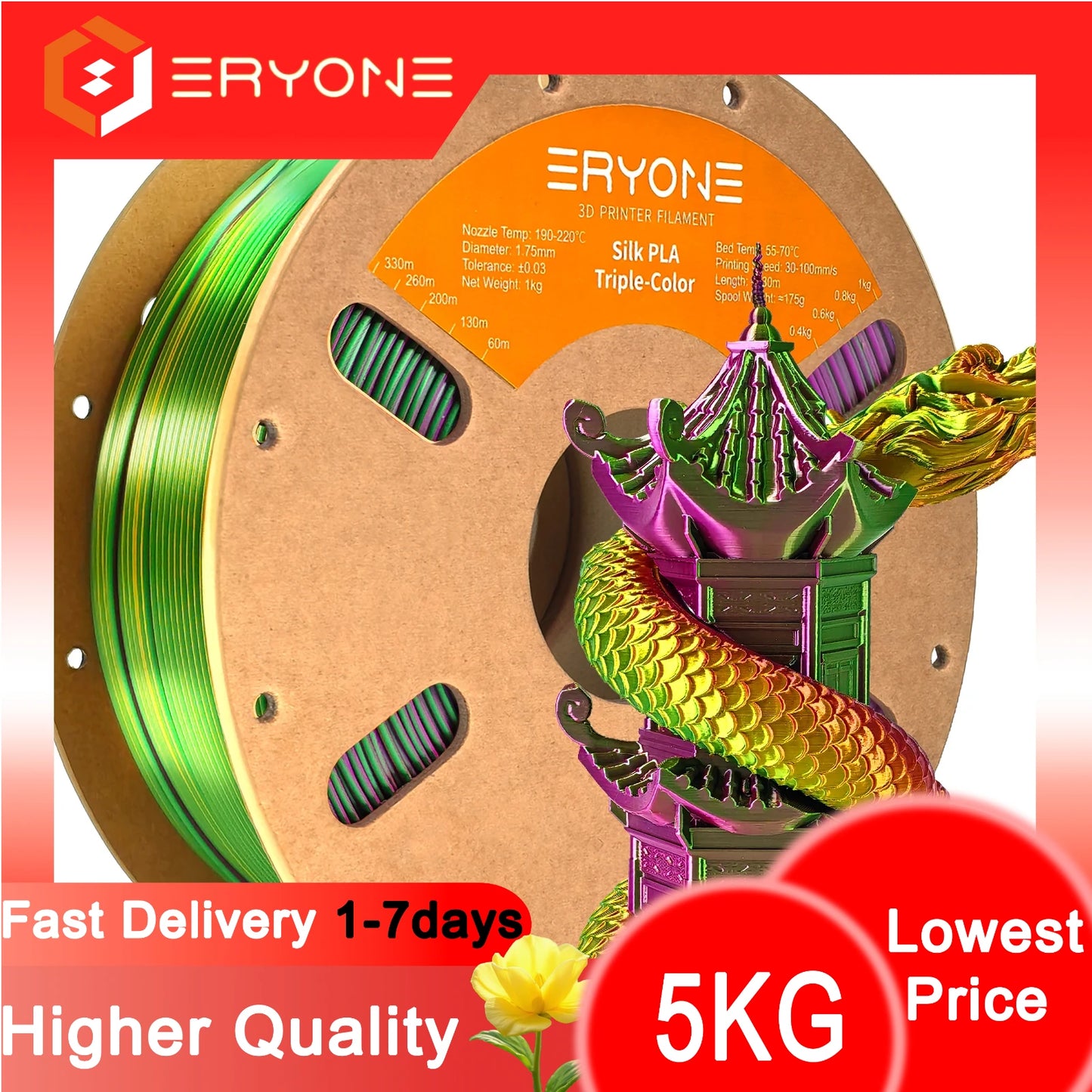 ERYONE 1/3/5KG Triple Color Silk PLA Premium Filament 3D Print Big Sale,Multicolor Available,1kg silk pla triple color filament