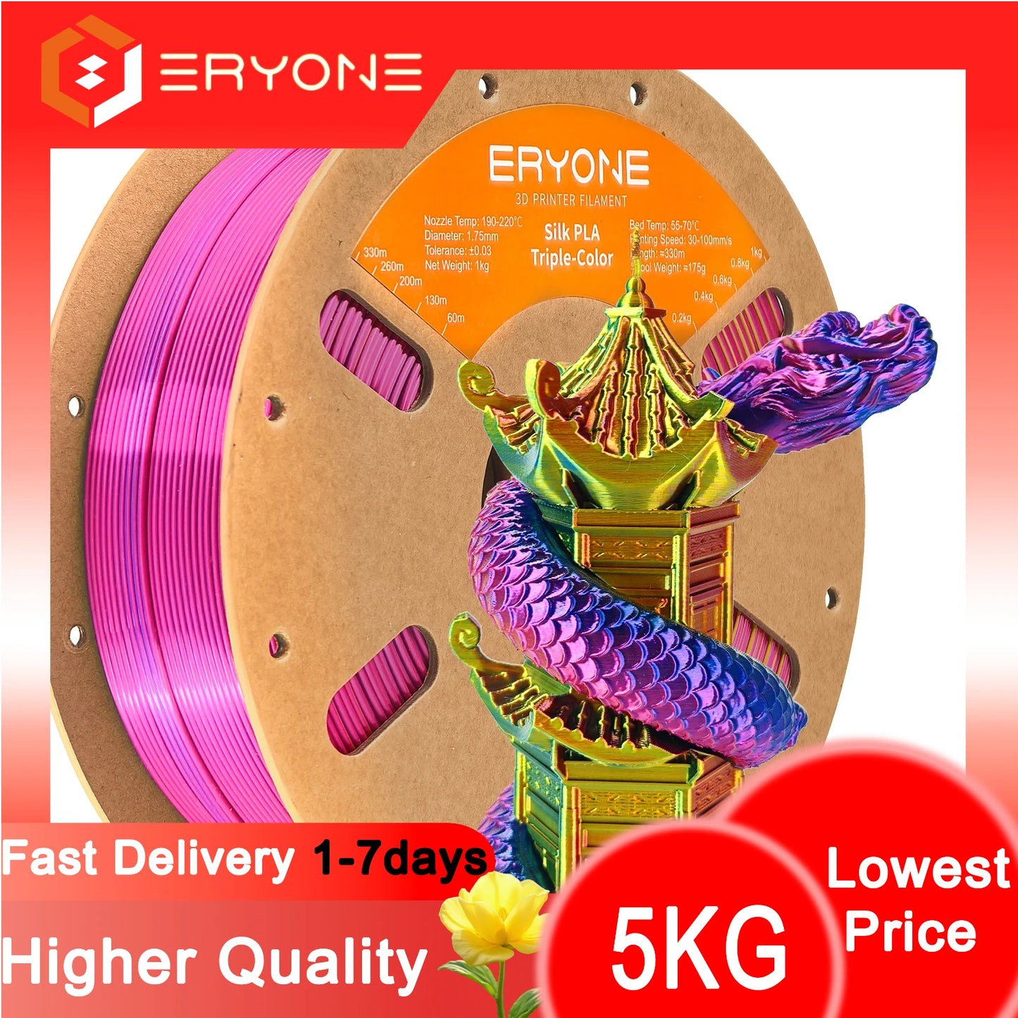 ERYONE 1/3/5KG Triple Color Silk PLA Premium Filament 3D Print Big Sale,Multicolor Available,1kg silk pla triple color filament