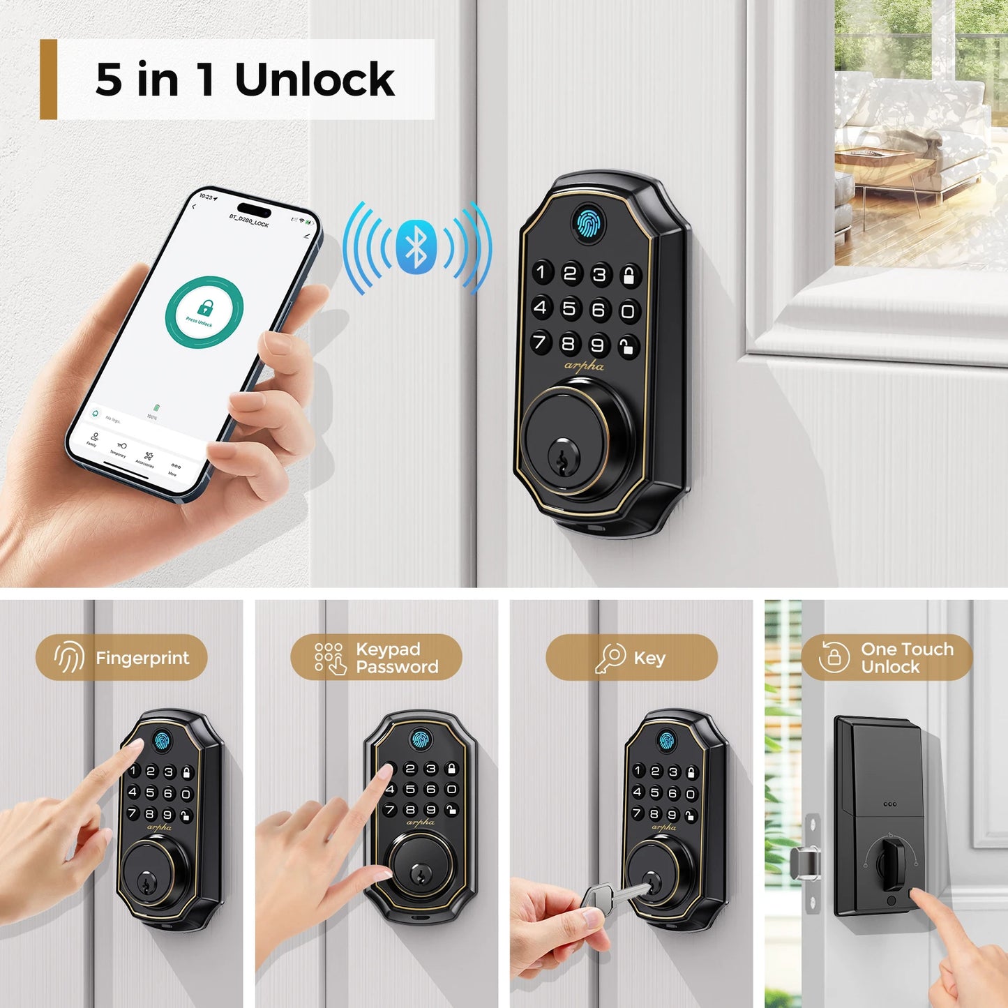 Arpha D280 Keyless Entry Door Lock 5-in-1 Smart Fingerprint Deadbolt with Keypad Electronic Deadbolt Auto-Lock One Touch Lock