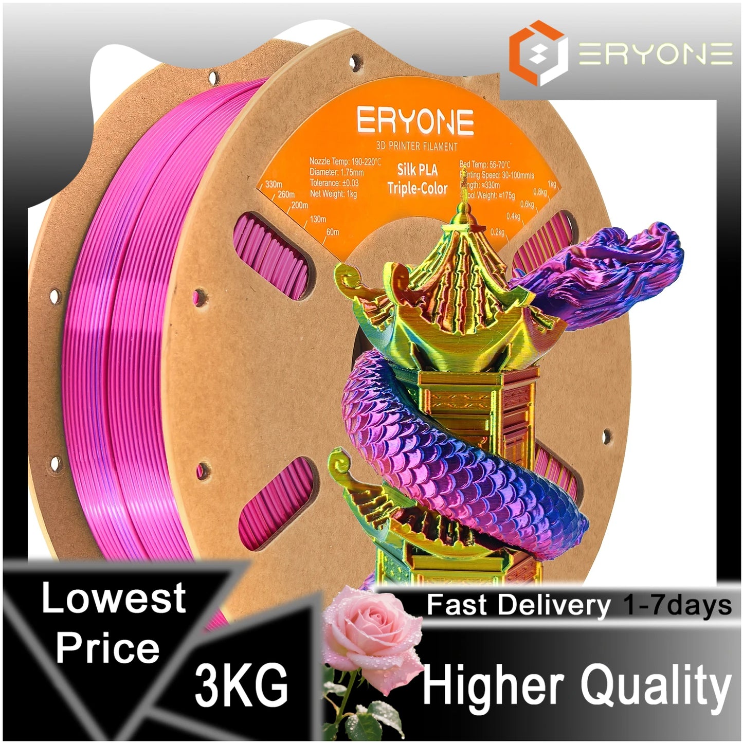 ERYONE 1/3/5KG Triple Color Silk PLA Premium Filament 3D Print Big Sale,Multicolor Available,1kg silk pla triple color filament