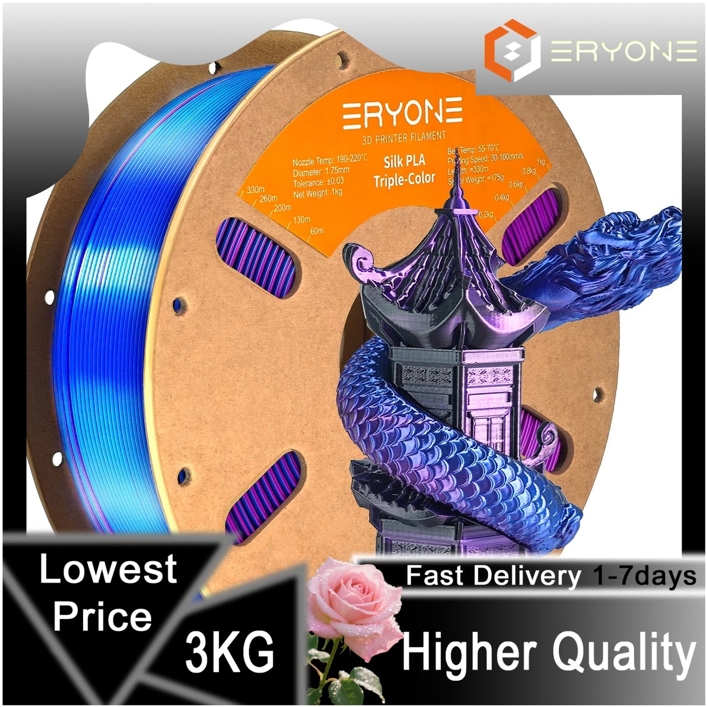 ERYONE 1/3/5KG Triple Color Silk PLA Premium Filament 3D Print Big Sale,Multicolor Available,1kg silk pla triple color filament