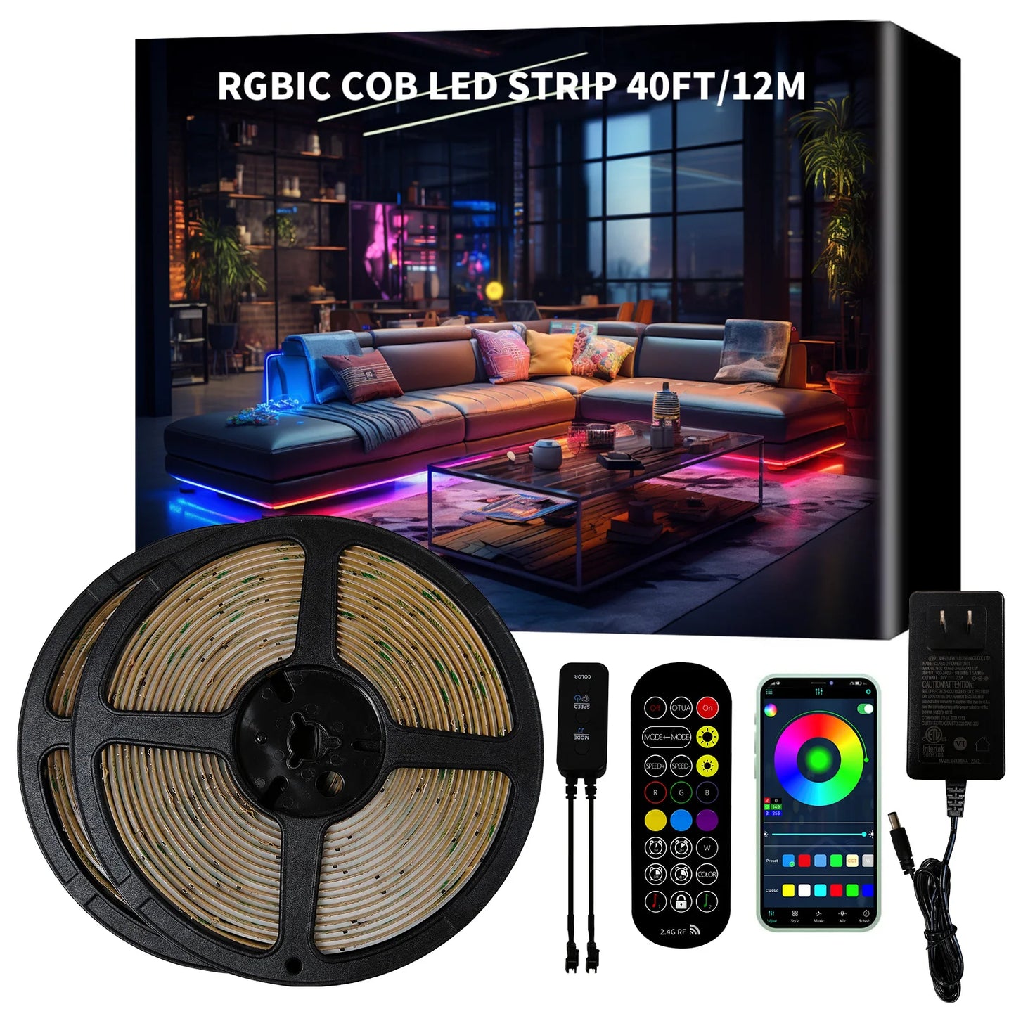 LED Strip Lights COB RGBIC 24V 6M/12M RGB LED Lights for Bedroom with RF Remote Smart Bluetooth APP Music Sync Strip Lights