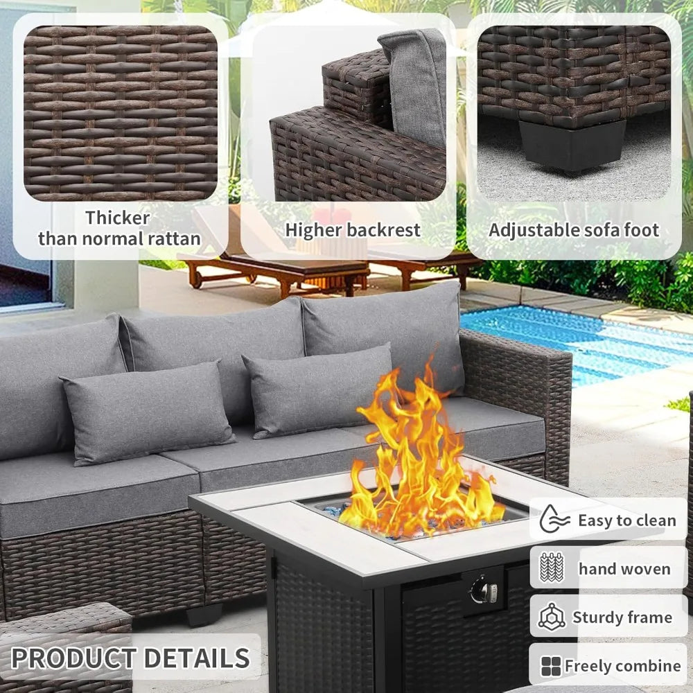 A 6-piece Outdoor Patio Furniture Set, Including An Outdoor Modular Rattan Sofa, An Adjustable Fireplace, and A Table