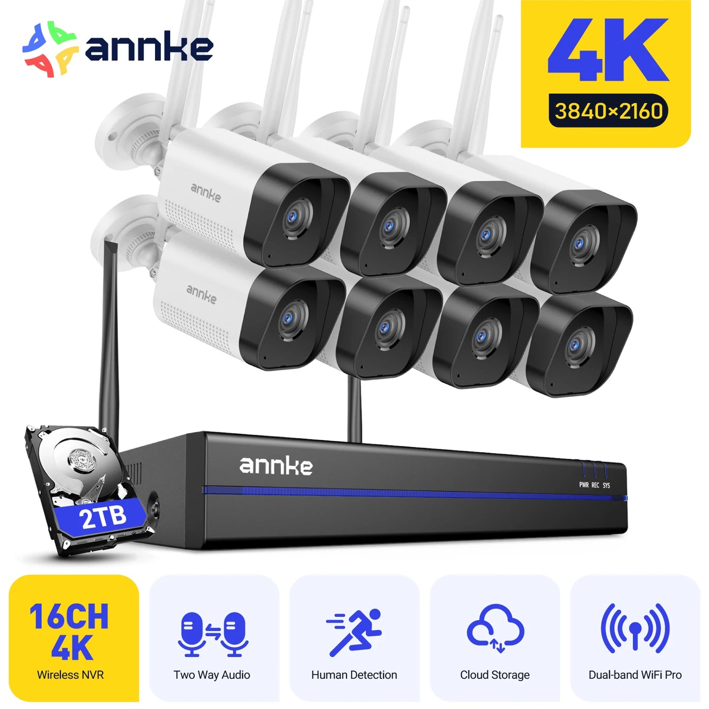 ANNKE 8MP WiFi Security Surveillance Camera System Kit Motion Tracking Color Night Vision 16CH 4K NVR Wireless CCTV Cameras Set