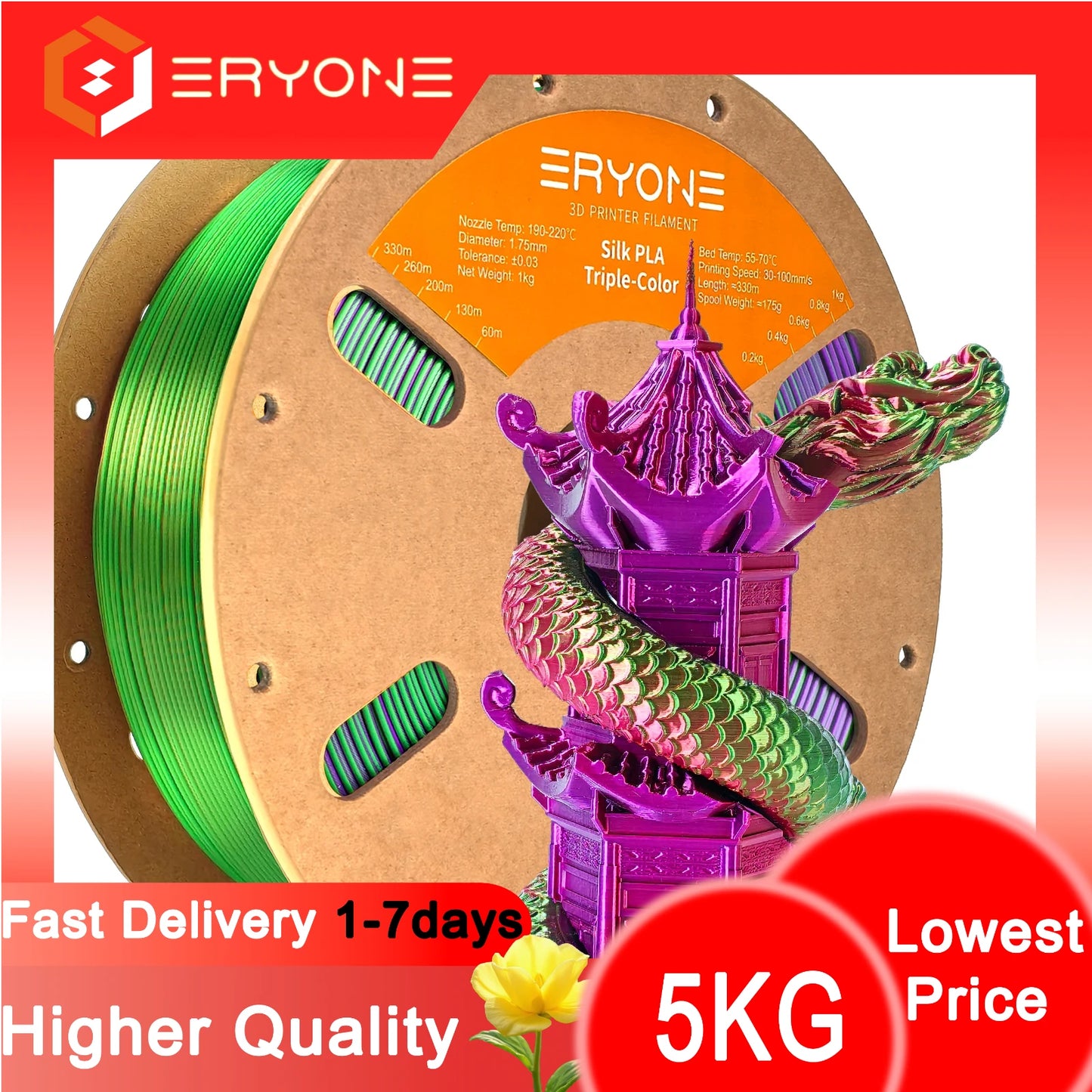 ERYONE 1/3/5KG Triple Color Silk PLA Premium Filament 3D Print Big Sale,Multicolor Available,1kg silk pla triple color filament