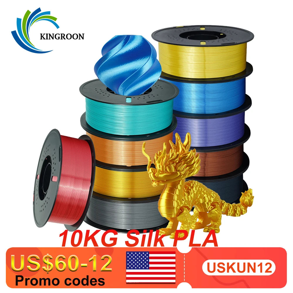 KINGROON 10KG Silk PLA Filament Mix-color Set 1.75mm Clog-Free Shiny Special Color 3D Printer Filament,1kg Spool Fit Most Printe