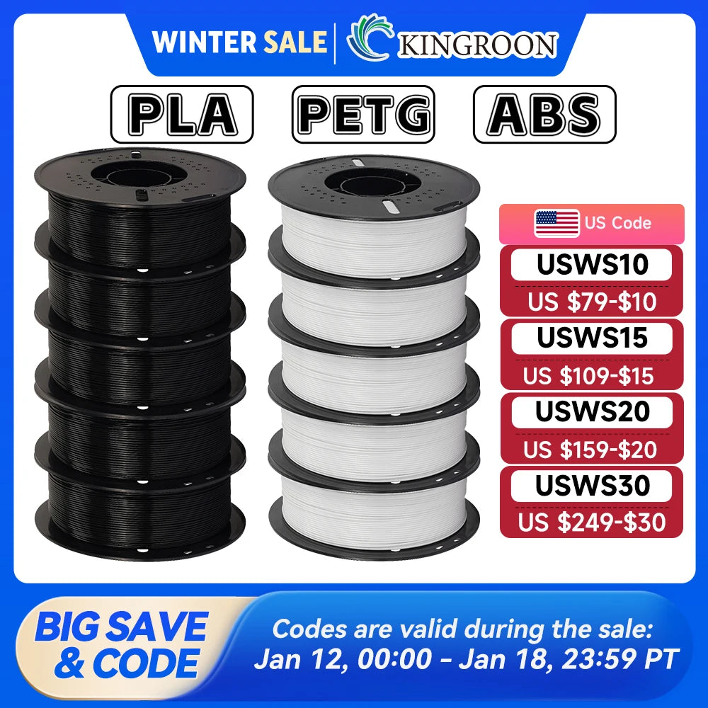 KINGROON 10KG PLA/ ABS/ PETG Filament 1.75mm Black White Gray , Wholesale 10 Rolls PLA ABS PETG Plastic For 3D Printer