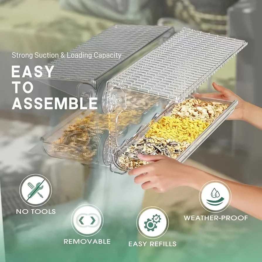 Indestructible Large Window Bird Feeder with Removable Seed & Water Tray, for Wild Birds with 4 Super Strong Adhesive Hooks + 4