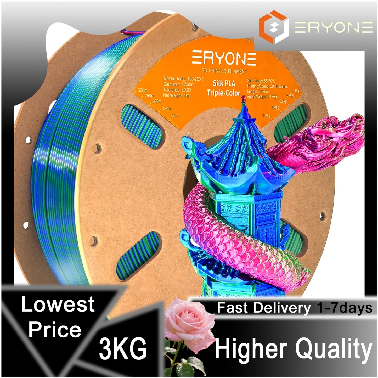ERYONE 1/3/5KG Triple Color Silk PLA Premium Filament 3D Print Big Sale,Multicolor Available,1kg silk pla triple color filament