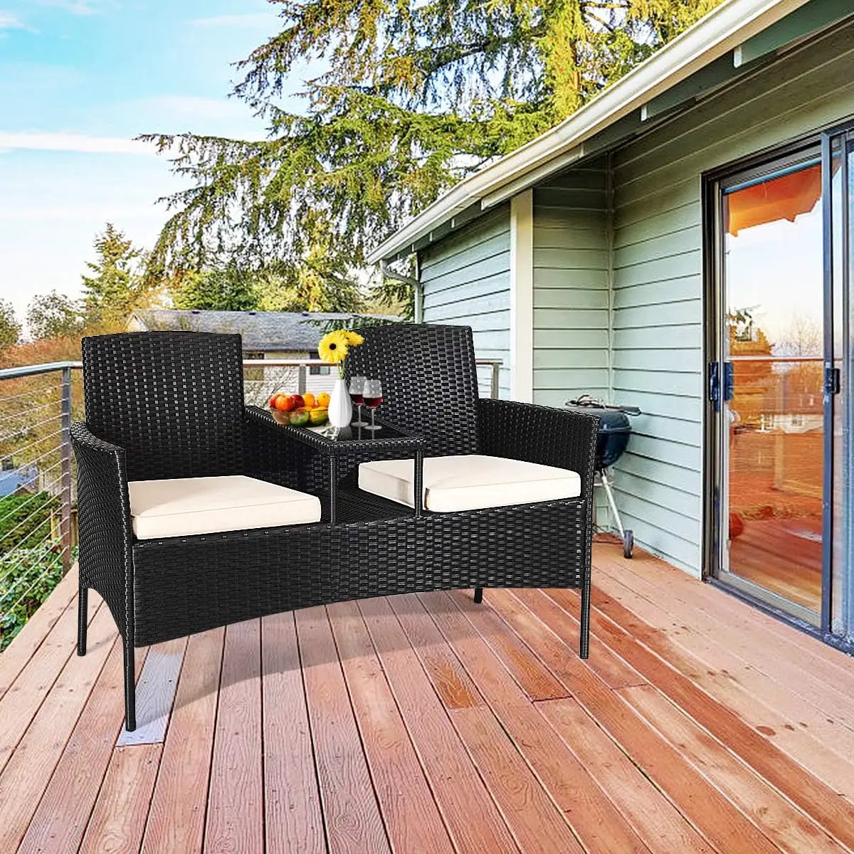 Outdoor Wicker Patio Furniture Set with Removable Cushions, Tempered Glass Table, Modern Rattan Bench for Garden Lawn