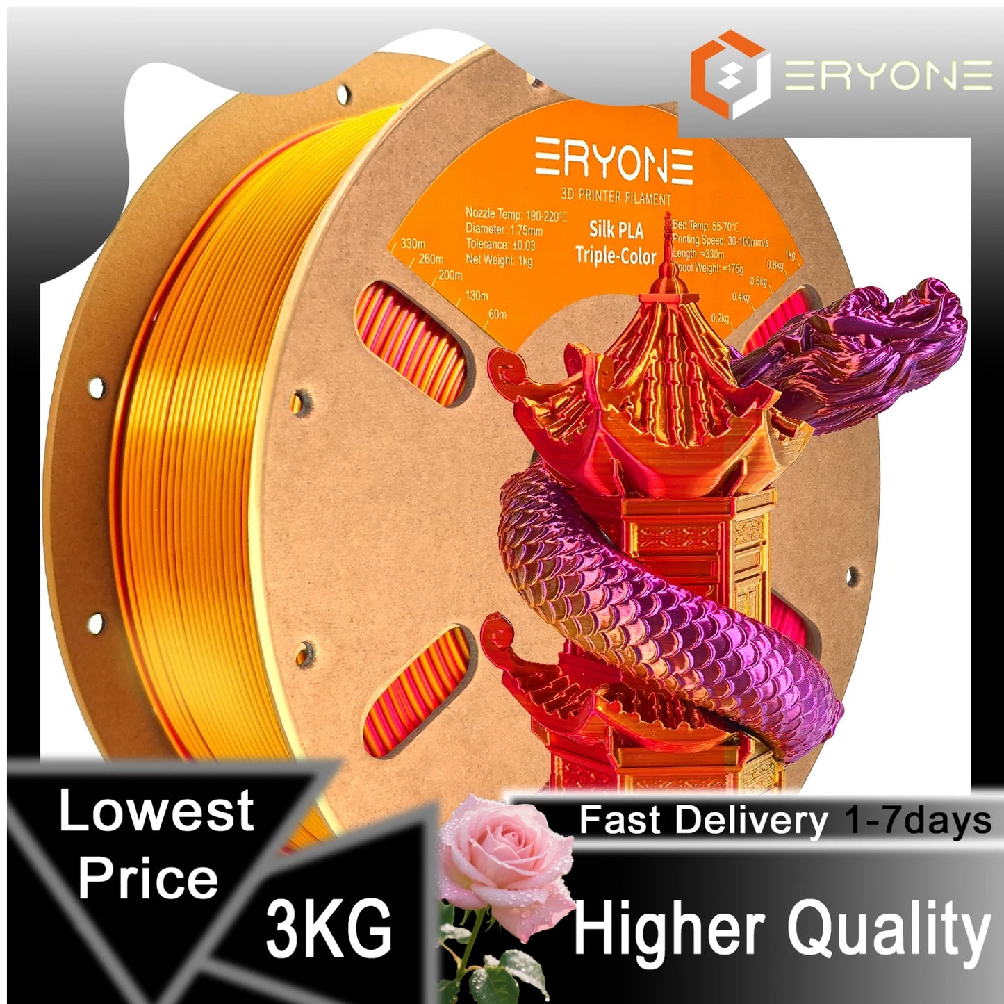 ERYONE 1/3/5KG Triple Color Silk PLA Premium Filament 3D Print Big Sale,Multicolor Available,1kg silk pla triple color filament