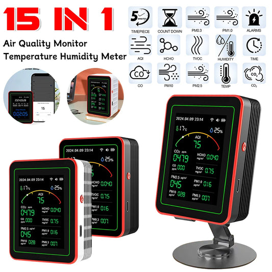 Air Quality Monitor 15 in 1 Tuya WIFI Air Quality Detector CO2/CO/TVOC/HCHO/PM2.5/PM1.0 Household Temperature Humidity Meter