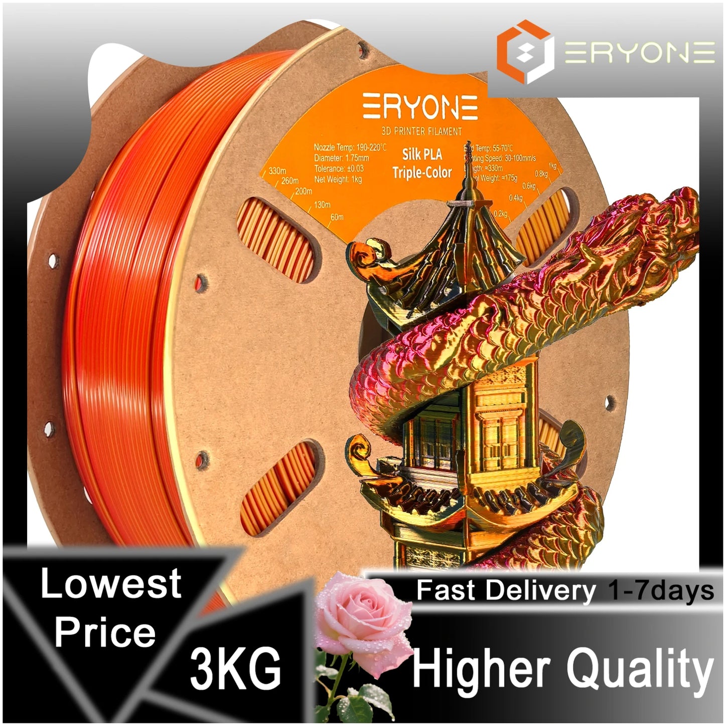 ERYONE 1/3/5KG Triple Color Silk PLA Premium Filament 3D Print Big Sale,Multicolor Available,1kg silk pla triple color filament