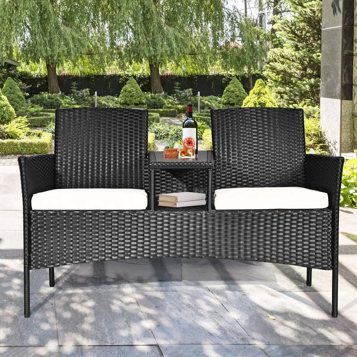 Outdoor Wicker Patio Furniture Set with Removable Cushions, Tempered Glass Table, Modern Rattan Bench for Garden Lawn