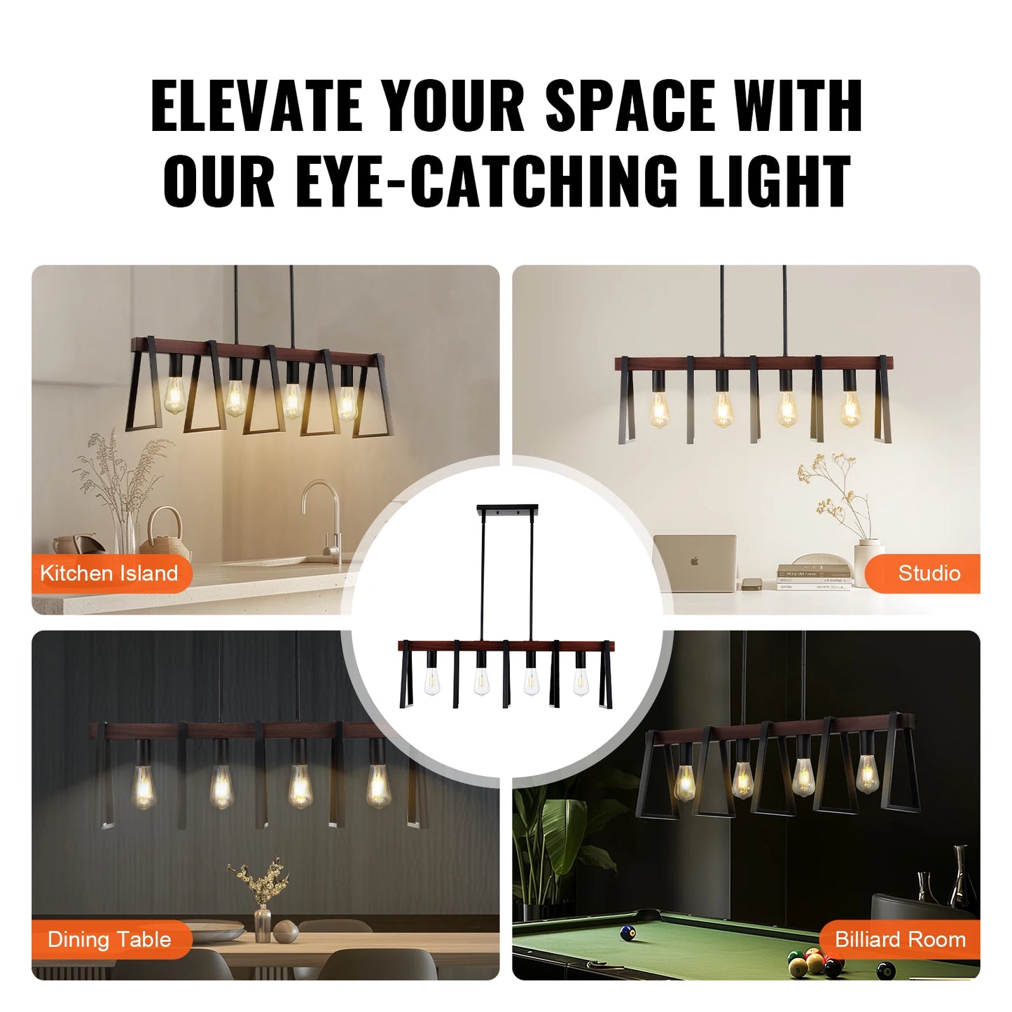 VEVOR 4-Light Kitchen Island Pendant Lights 60W with 2x6'' & 6x12'' Rods Industrial Metal Frame Farmhouse Linear Chandeliers