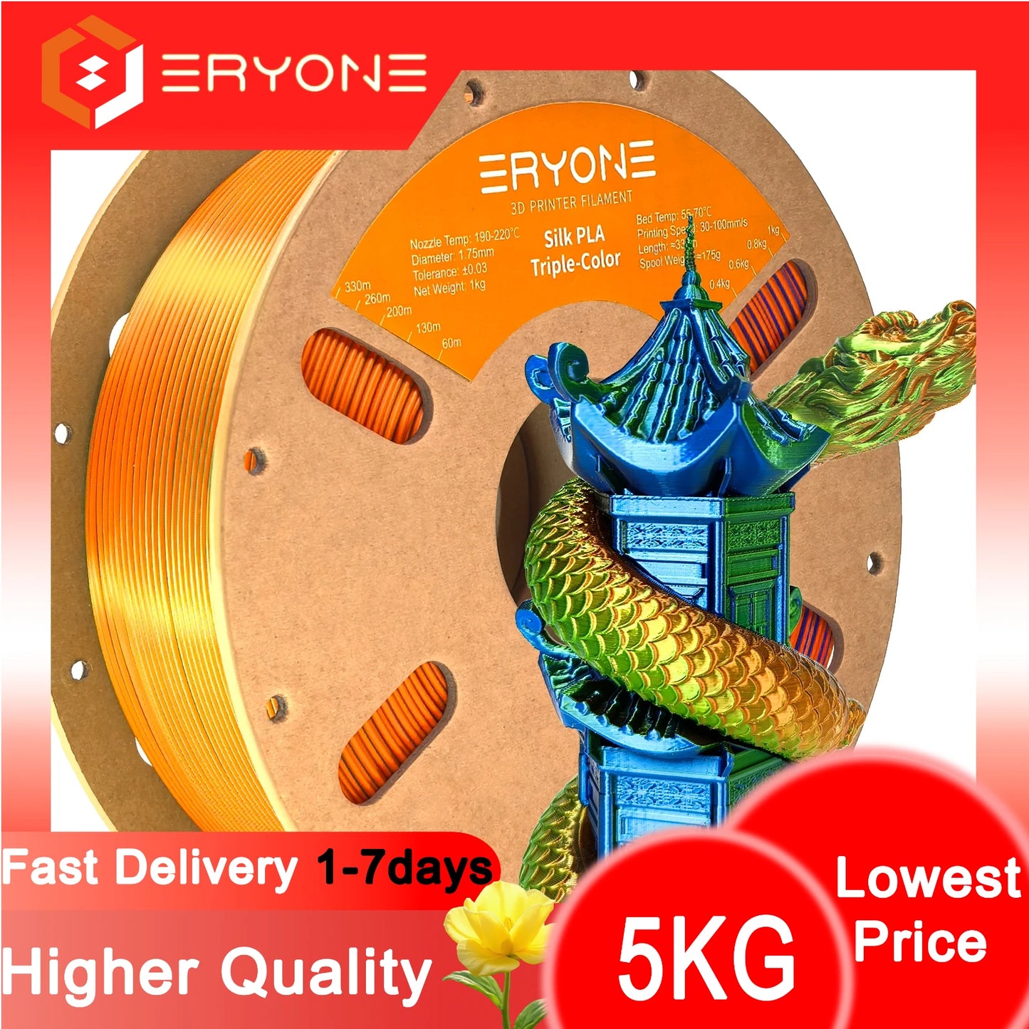 ERYONE 1/3/5KG Triple Color Silk PLA Premium Filament 3D Print Big Sale,Multicolor Available,1kg silk pla triple color filament