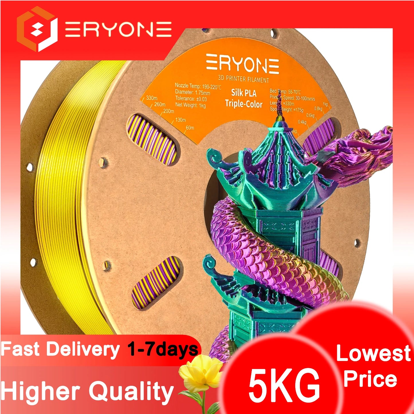 ERYONE 1/3/5KG Triple Color Silk PLA Premium Filament 3D Print Big Sale,Multicolor Available,1kg silk pla triple color filament