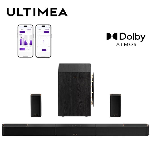 Ultimea 5.1.4ch 760W Dolby Atmos Sound Bar Sys: 2 Wireless Surround & 8" Sub for Deep Bass, 4K HDR Passthrough, APP Control