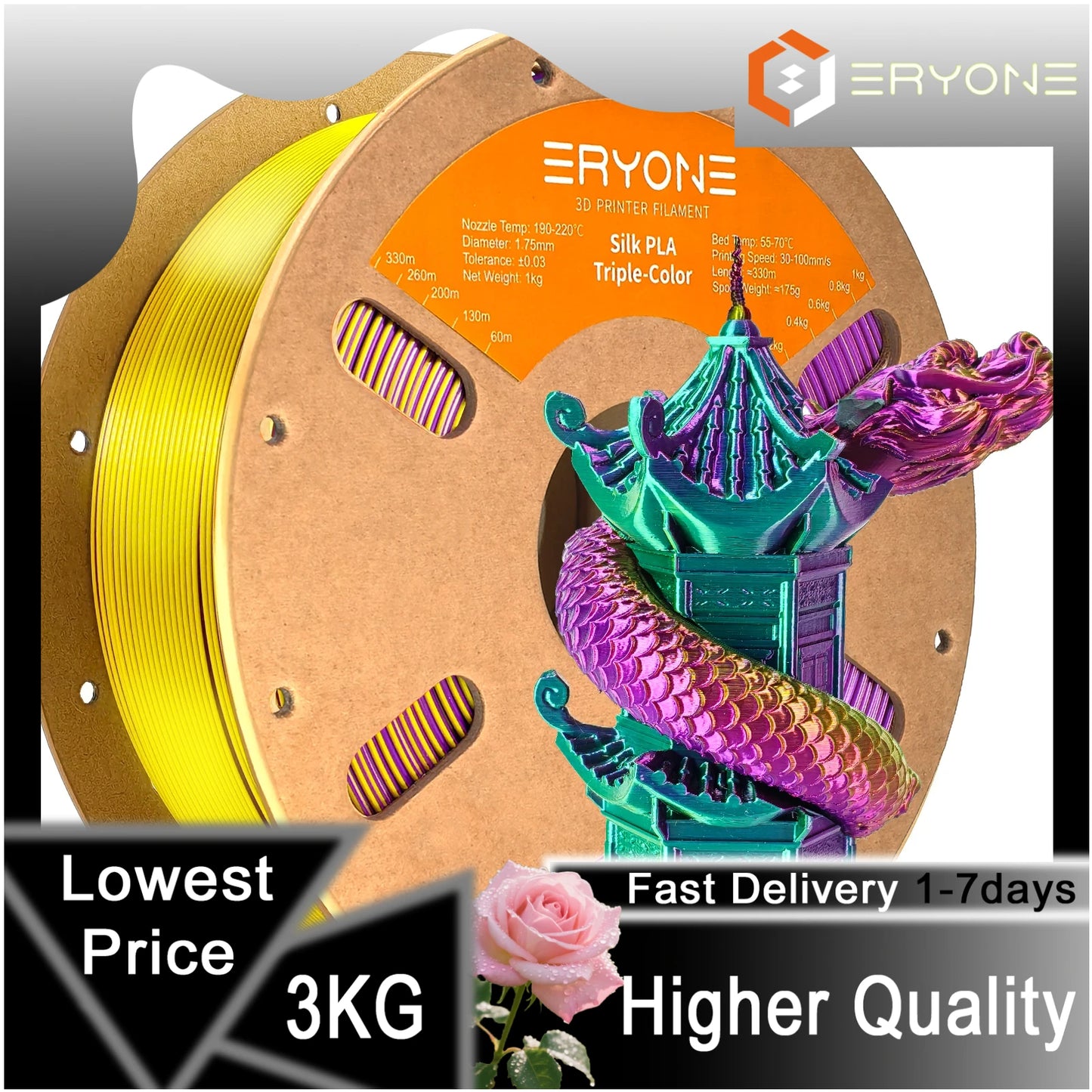 ERYONE 1/3/5KG Triple Color Silk PLA Premium Filament 3D Print Big Sale,Multicolor Available,1kg silk pla triple color filament