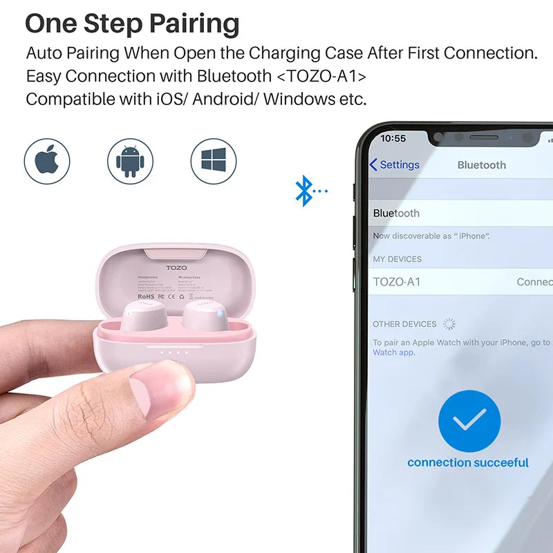 Refurbished TOZO TWS Earbuds in-Ear Wireless Bluetooth Headsets with With Mic Touch Control Sport Waterproof for Iphone Android