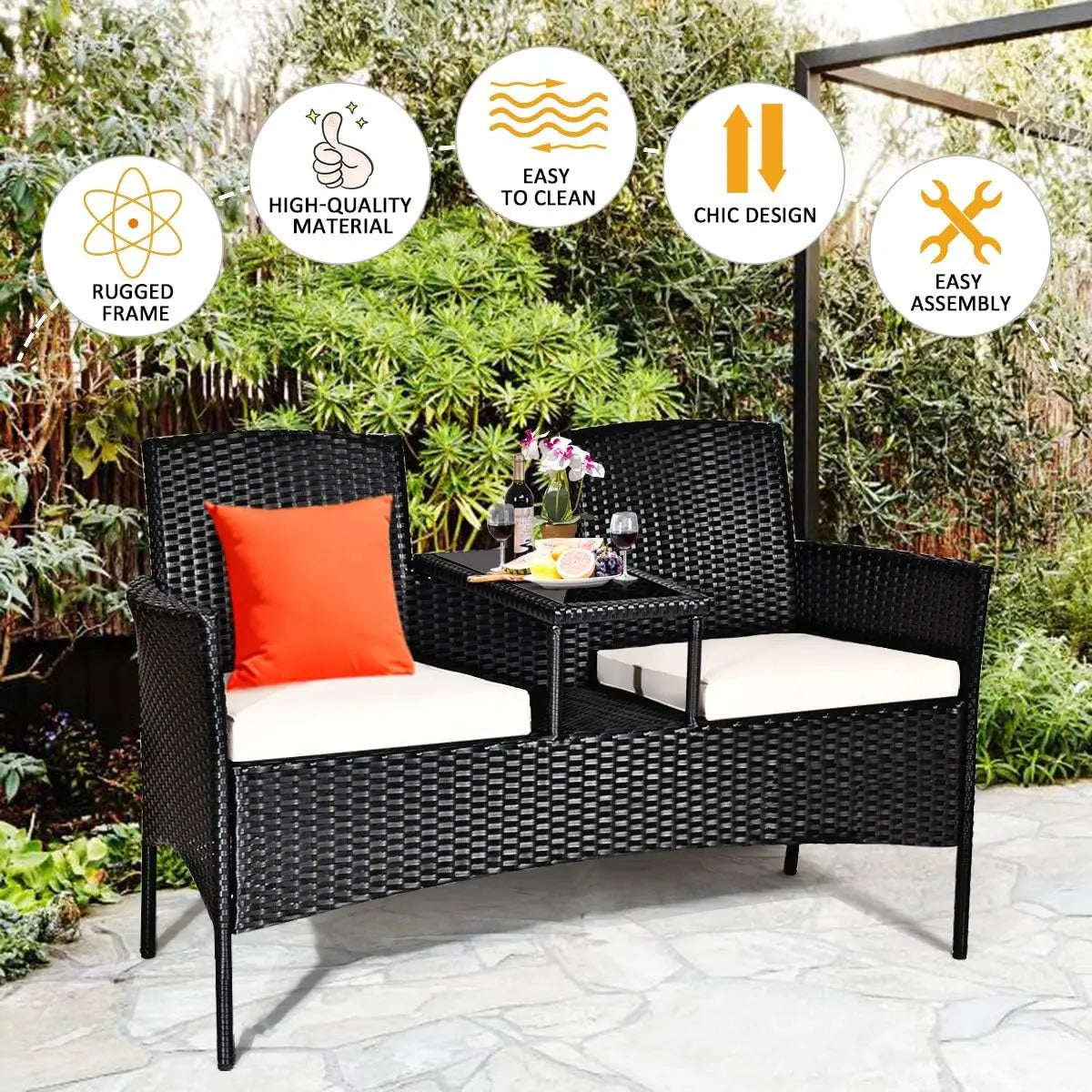 Outdoor Wicker Patio Furniture Set with Removable Cushions, Tempered Glass Table, Modern Rattan Bench for Garden Lawn