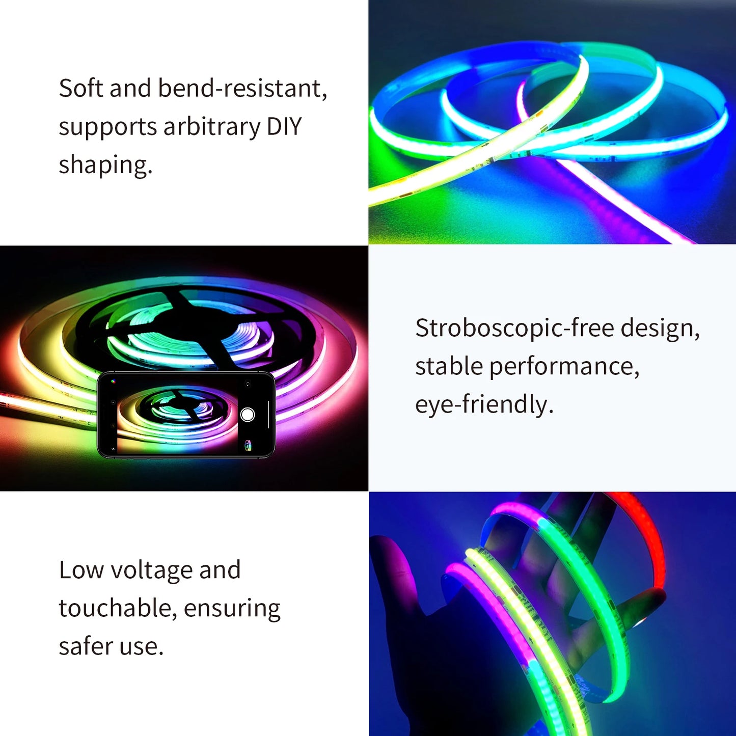 LED Strip Lights COB RGBIC 24V 6M/12M RGB LED Lights for Bedroom with RF Remote Smart Bluetooth APP Music Sync Strip Lights
