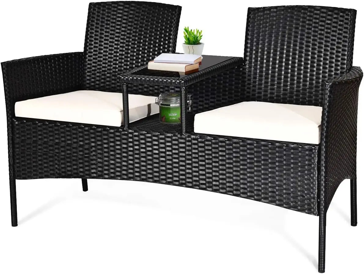 Outdoor Wicker Patio Furniture Set with Removable Cushions, Tempered Glass Table, Modern Rattan Bench for Garden Lawn