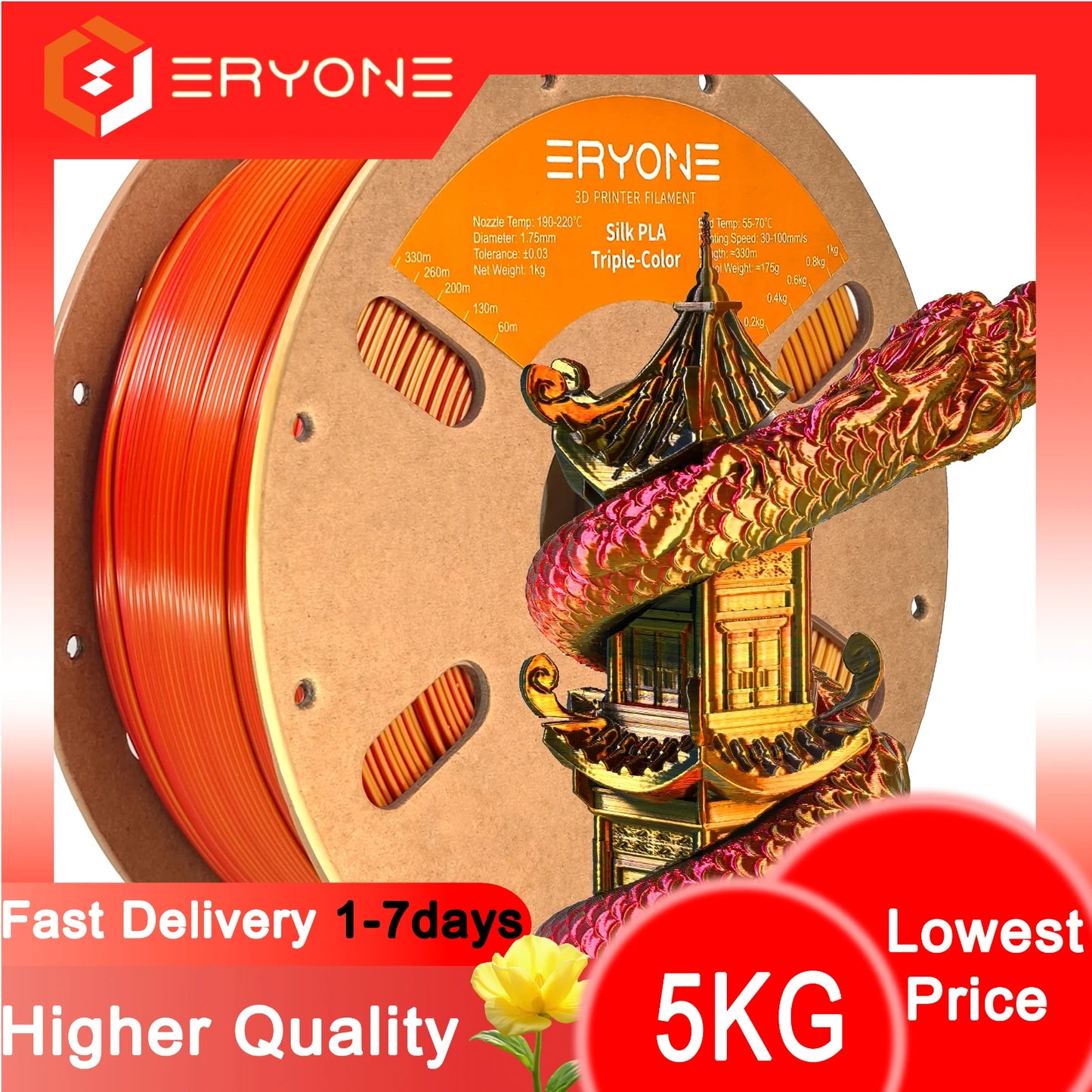 ERYONE 1/3/5KG Triple Color Silk PLA Premium Filament 3D Print Big Sale,Multicolor Available,1kg silk pla triple color filament