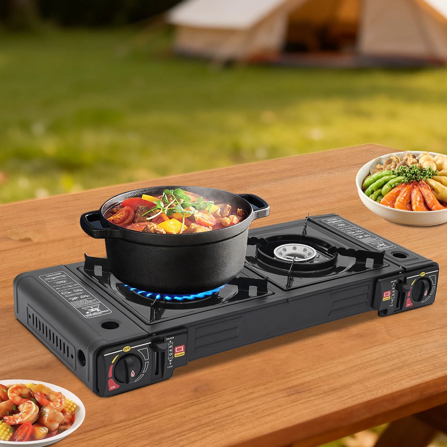 2 Burners Portable Camping Stove, 2.5KW Auto Ignition Butane/LPG Gas Stove w/Baking Tray+Carrying Case for RV Outdoor Picnic BBQ