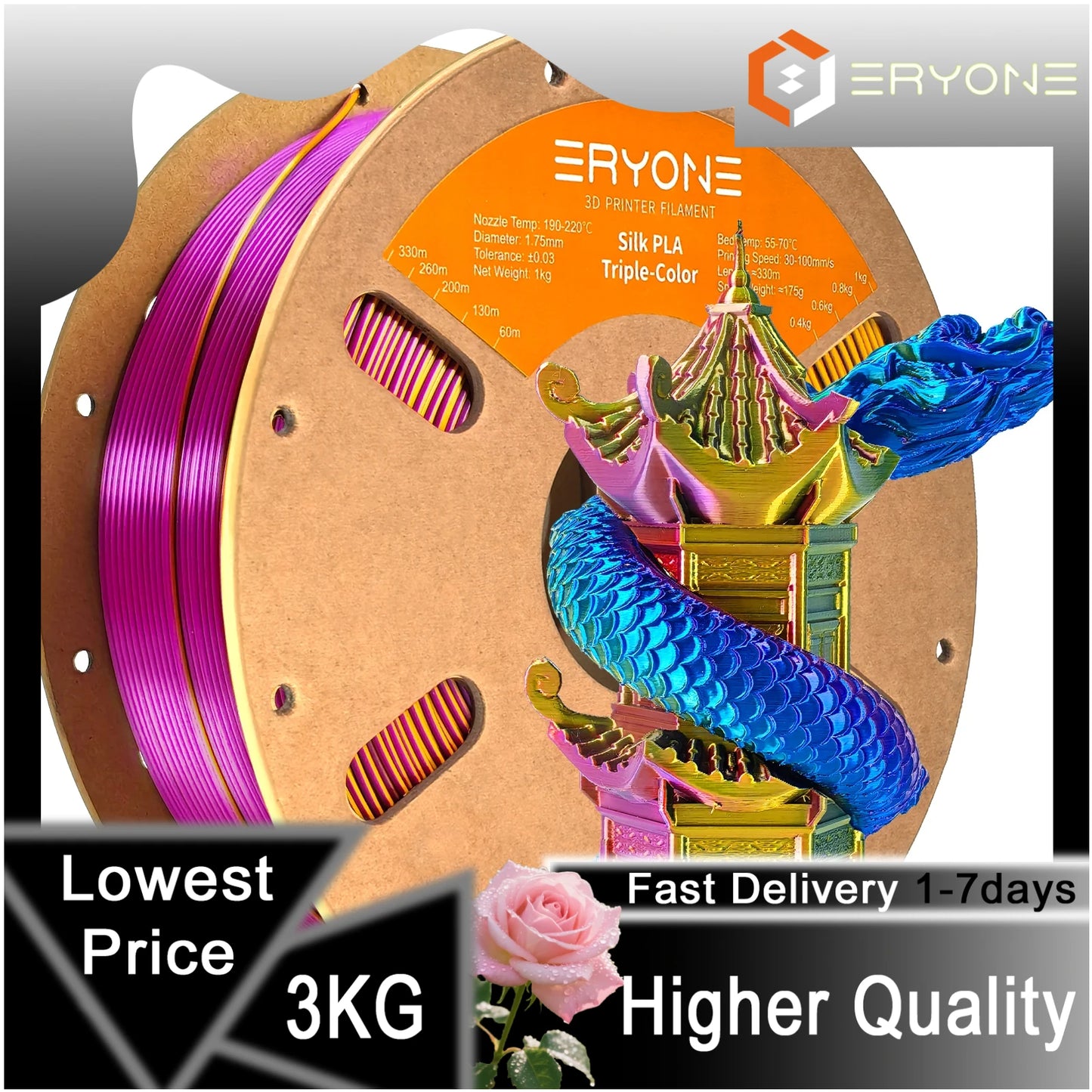 ERYONE 1/3/5KG Triple Color Silk PLA Premium Filament 3D Print Big Sale,Multicolor Available,1kg silk pla triple color filament