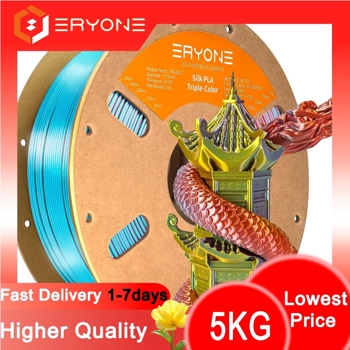 ERYONE 1/3/5KG Triple Color Silk PLA Premium Filament 3D Print Big Sale,Multicolor Available,1kg silk pla triple color filament