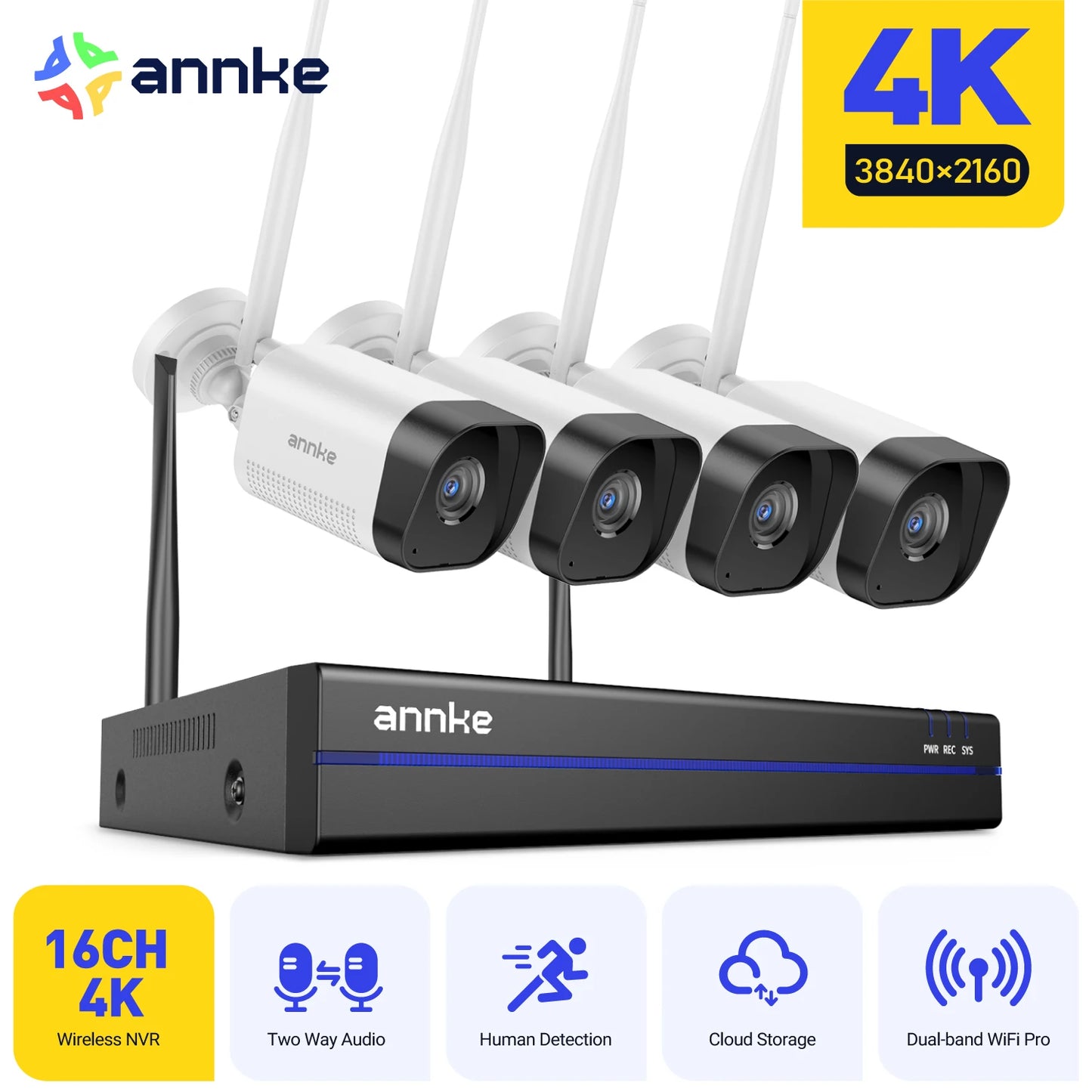 ANNKE 8MP WiFi Security Surveillance Camera System Kit Motion Tracking Color Night Vision 16CH 4K NVR Wireless CCTV Cameras Set