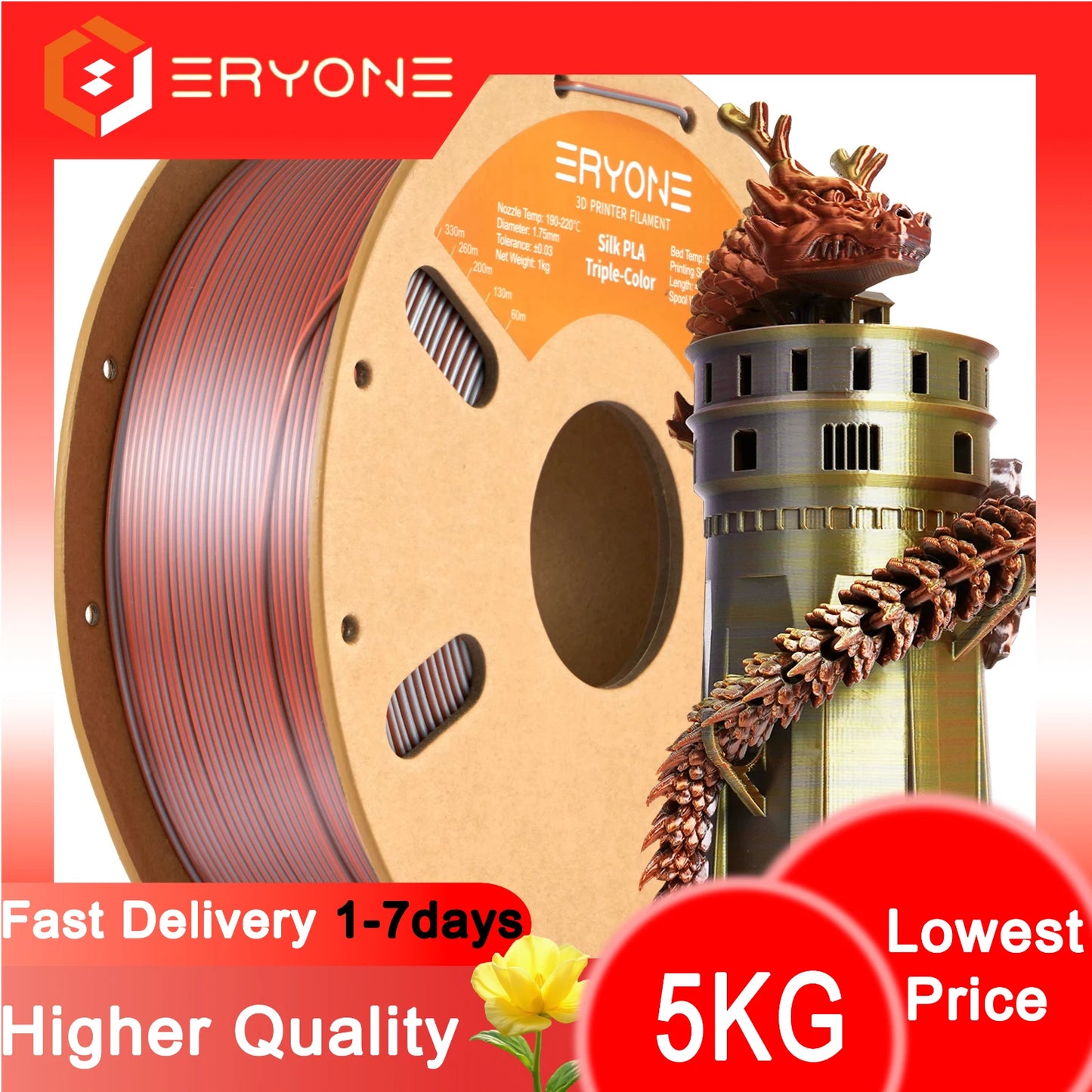 ERYONE 1/3/5KG Triple Color Silk PLA Premium Filament 3D Print Big Sale,Multicolor Available,1kg silk pla triple color filament