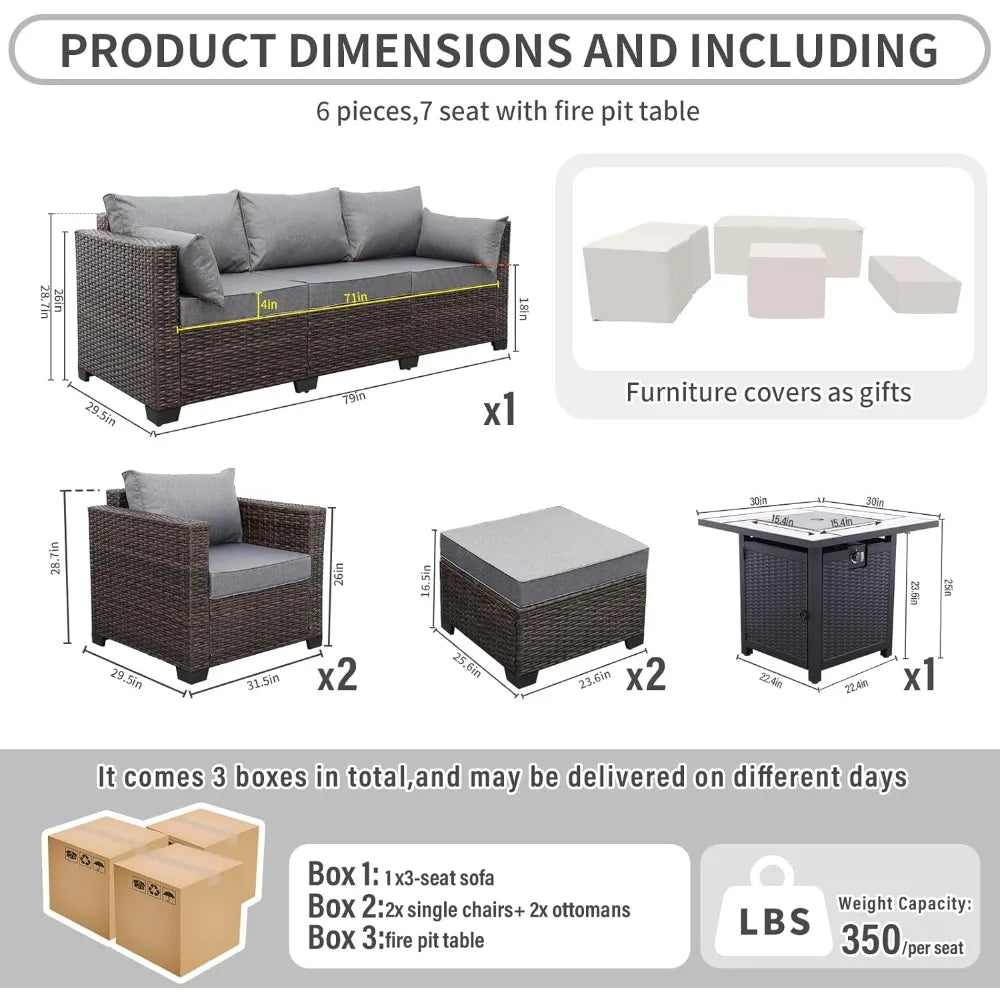 A 6-piece Outdoor Patio Furniture Set, Including An Outdoor Modular Rattan Sofa, An Adjustable Fireplace, and A Table