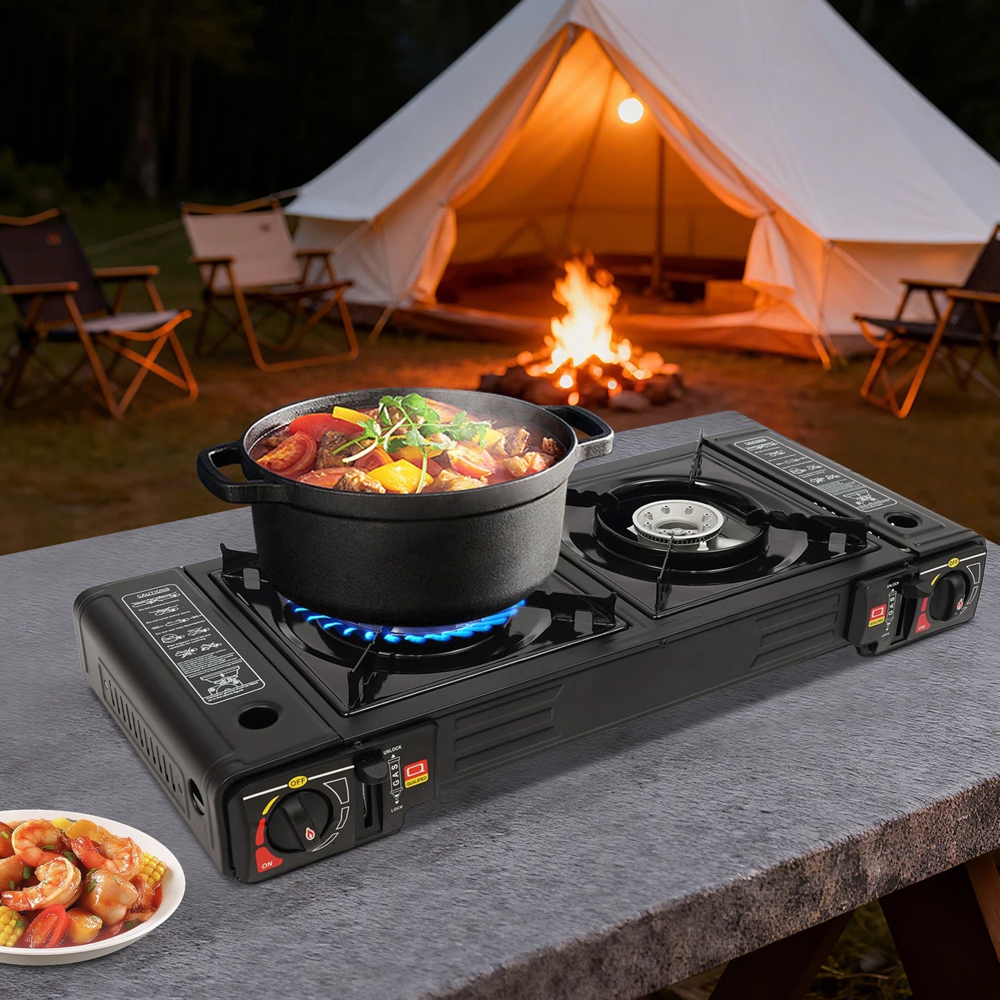 2in1 2-Burner Portable Camping Stove, Butane Camping Stove Kit w/Baking Pan and Carrying Case, Auto Ignition Camping Burner LPG