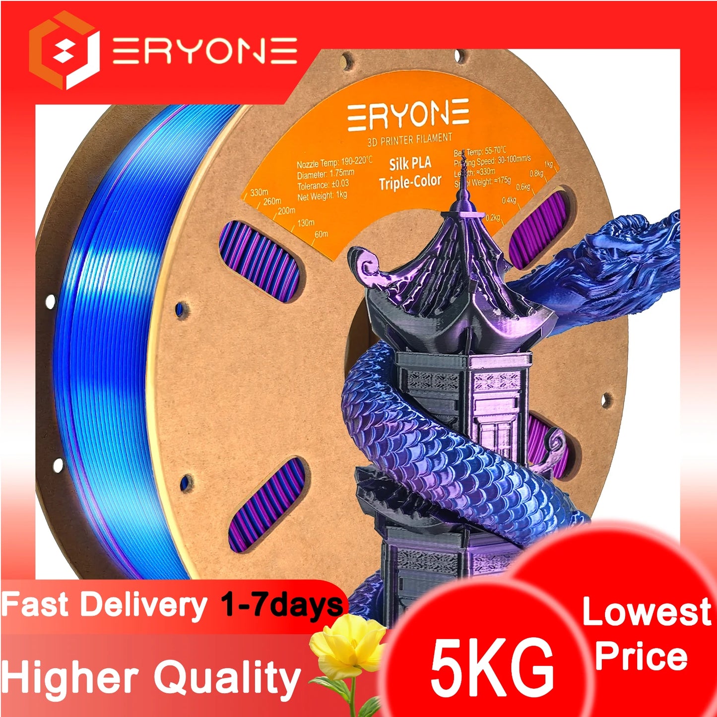 ERYONE 1/3/5KG Triple Color Silk PLA Premium Filament 3D Print Big Sale,Multicolor Available,1kg silk pla triple color filament