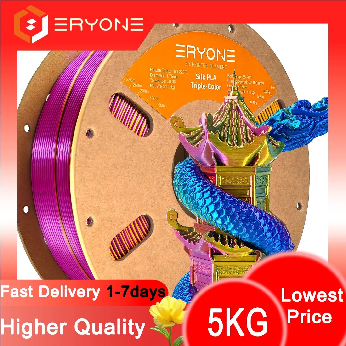 ERYONE 1/3/5KG Triple Color Silk PLA Premium Filament 3D Print Big Sale,Multicolor Available,1kg silk pla triple color filament