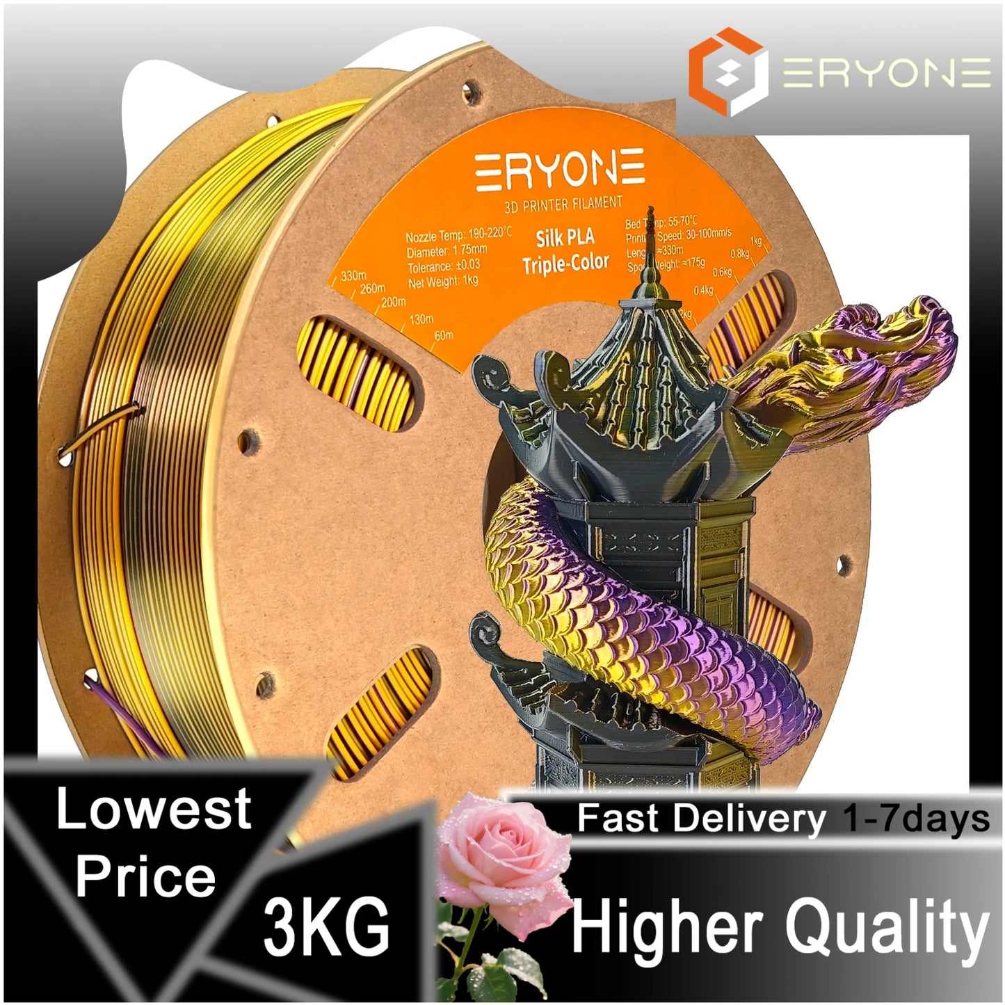 ERYONE 1/3/5KG Triple Color Silk PLA Premium Filament 3D Print Big Sale,Multicolor Available,1kg silk pla triple color filament