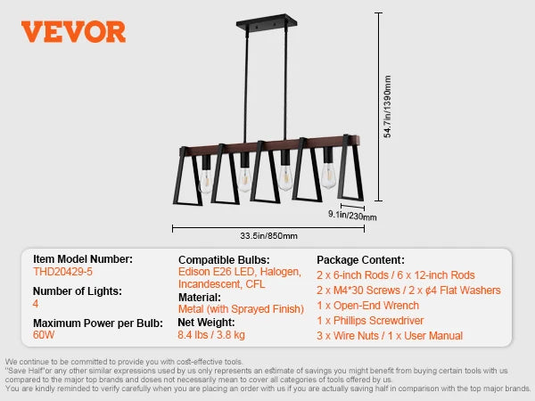 VEVOR 4-Light Kitchen Island Pendant Lights 60W with 2x6'' & 6x12'' Rods Industrial Metal Frame Farmhouse Linear Chandeliers