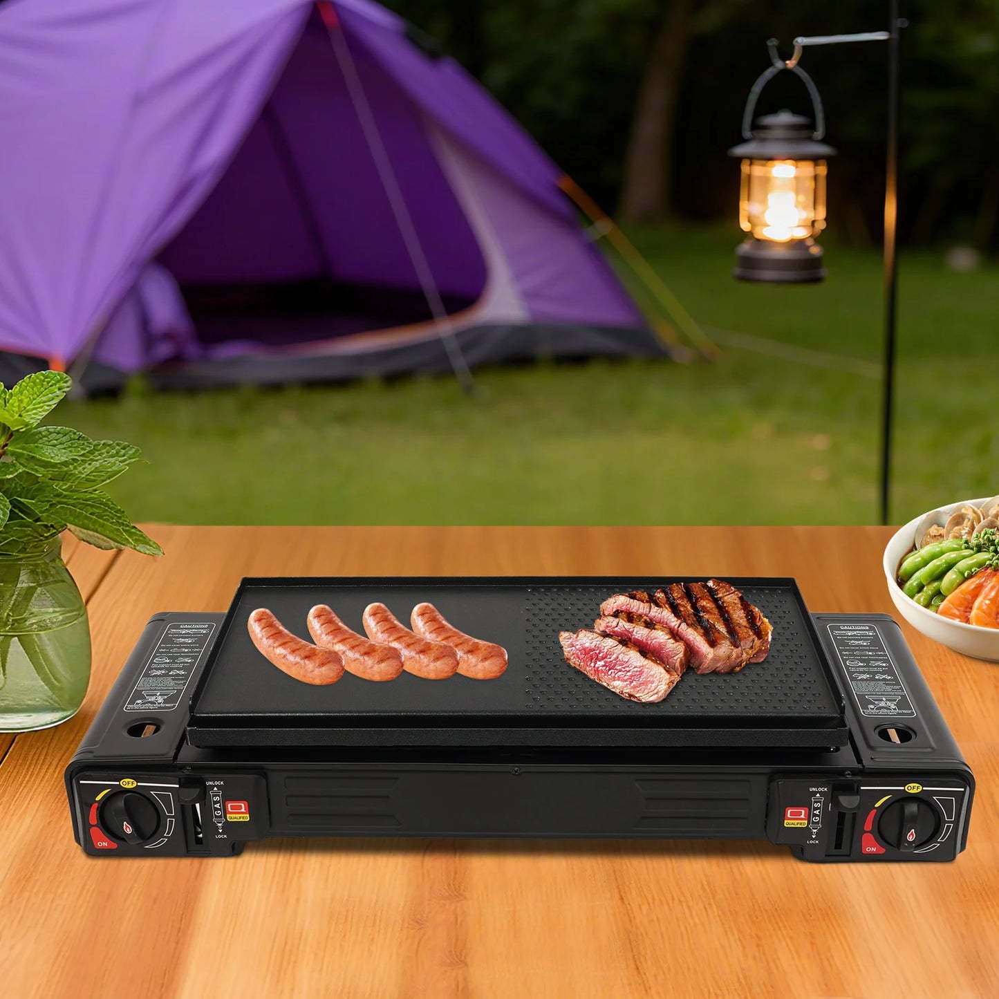 2in1 2-Burner Portable Camping Stove, Butane Camping Stove Kit w/Baking Pan and Carrying Case, Auto Ignition Camping Burner LPG