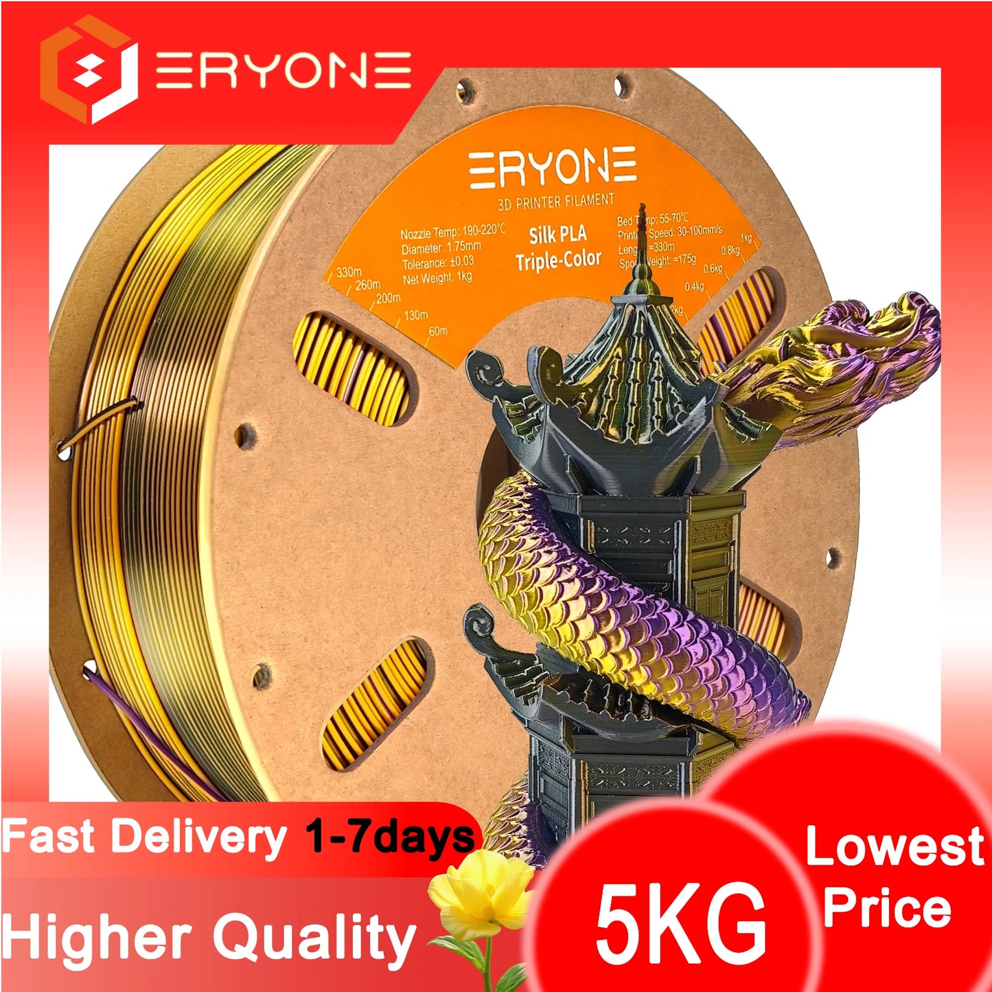ERYONE 1/3/5KG Triple Color Silk PLA Premium Filament 3D Print Big Sale,Multicolor Available,1kg silk pla triple color filament
