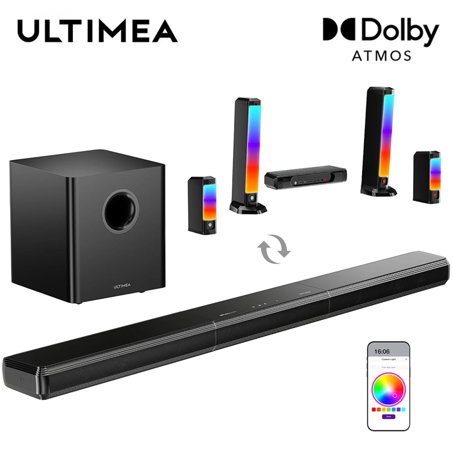 ULTIMEA 9.1ch Dolby Atmos Detachable Soundbar with Subwoofer&Rear Speakers, Surround Sound System for TV, RGB Light, APP Control