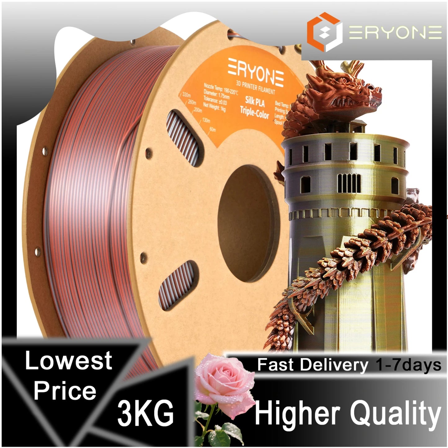 ERYONE 1/3/5KG Triple Color Silk PLA Premium Filament 3D Print Big Sale,Multicolor Available,1kg silk pla triple color filament